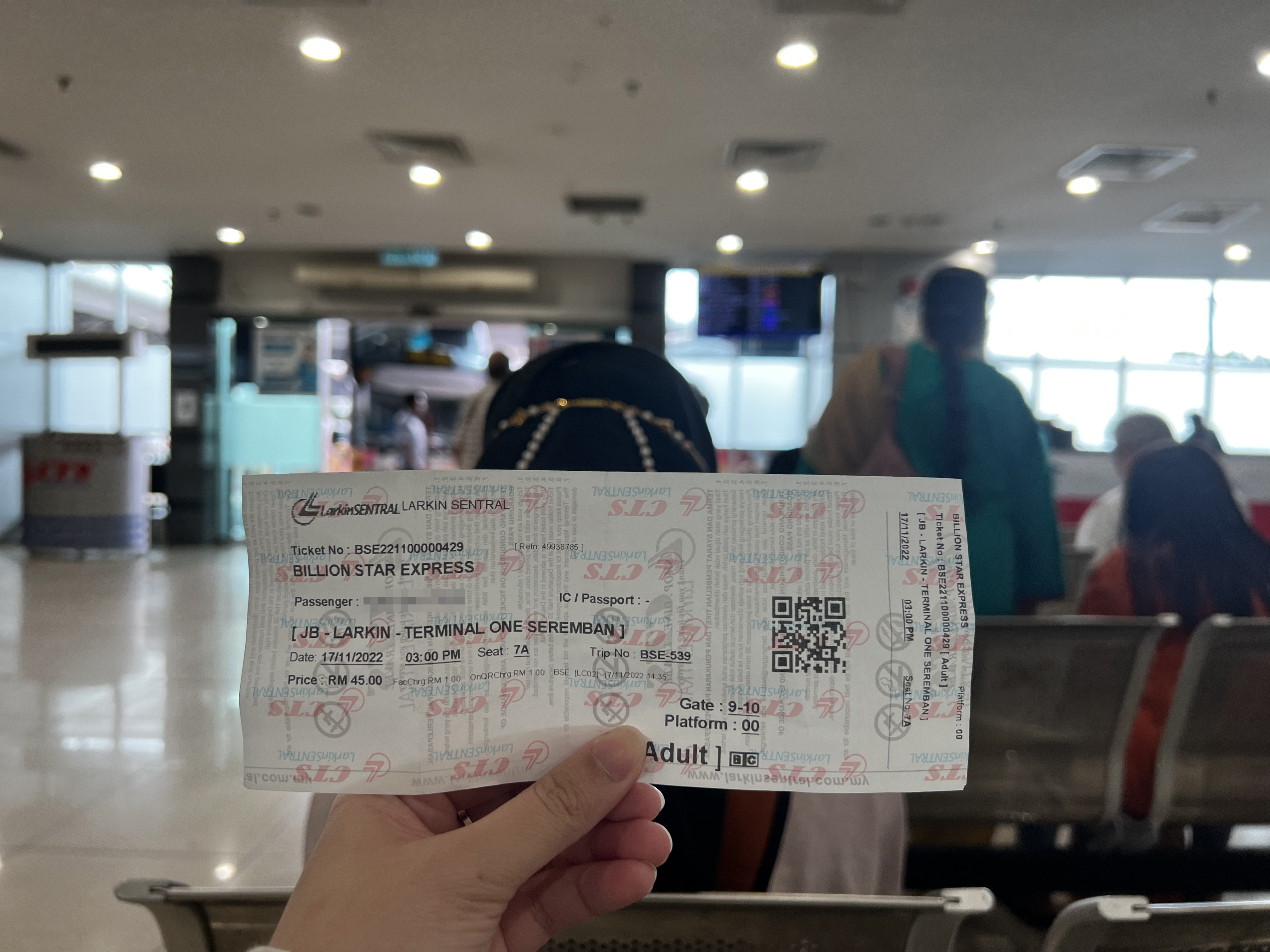 Sarah's bus ticket for the trip back to Malaysia