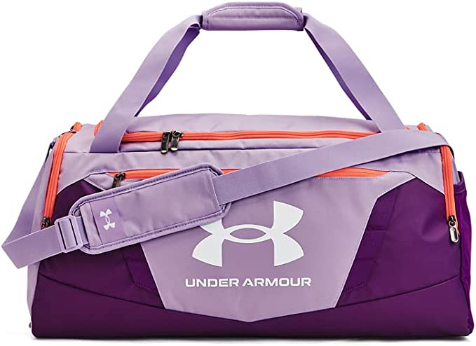 a dark purple and lilac sport duffel bag with orange lining