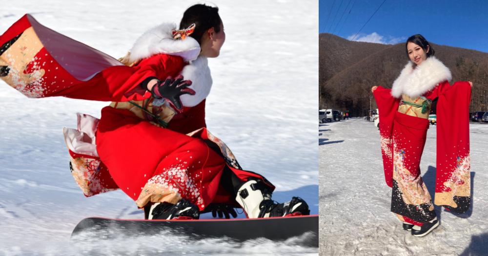 Japanese woman, 20, captivates internet with snowboarding in kimono on her Coming of Age Day