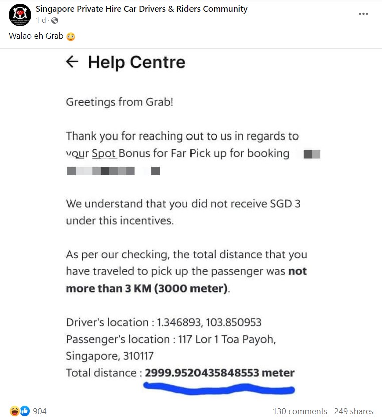 S'pore Grab driver misses out on 3km S$3 'far pick up' incentive by 4 ...