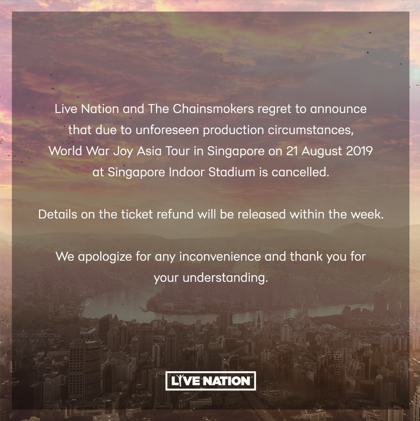 Live nation cancelled the chainsmokers concert 2019