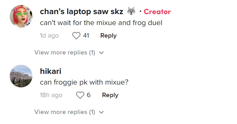 Two TikTok comments. The first TikTok comment by user "chan's laptop saw skz" writes, "can't wait for the mixue and frog duel." The second comment by user "hikari" writes, "can froggie pk with mixue?"