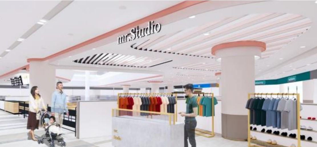A clothing store with bright pastel colours, and three shoppers.