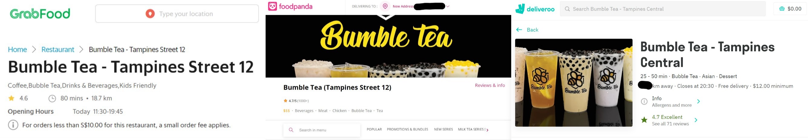 Screenshots of the bubble tea shop, Bumble Tea, and their page on GrabFood, FoodPanda, and Deliveroo.