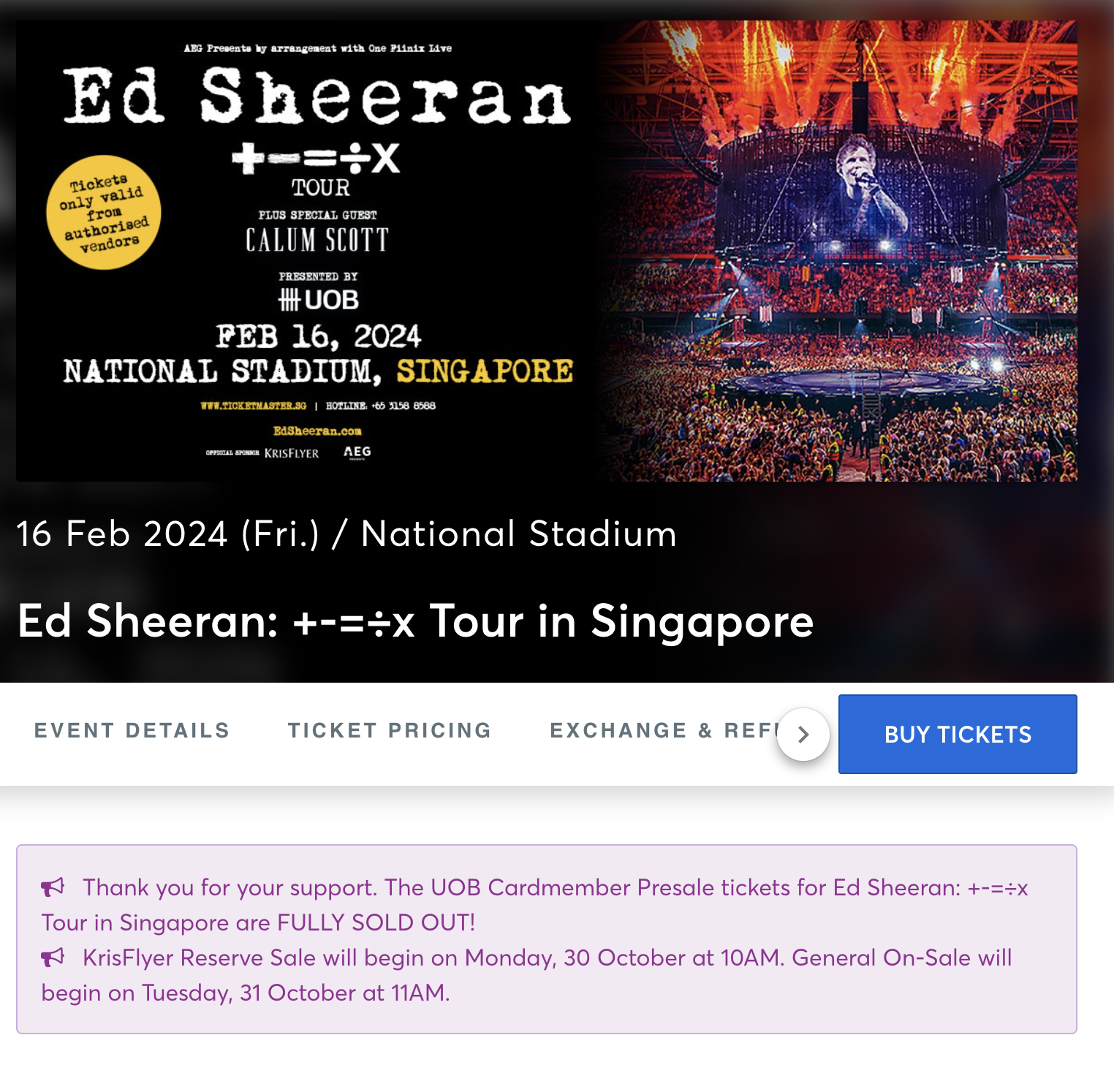 UOB presale tickets for Ed Sheeran's 2024 concert sells out in under 2