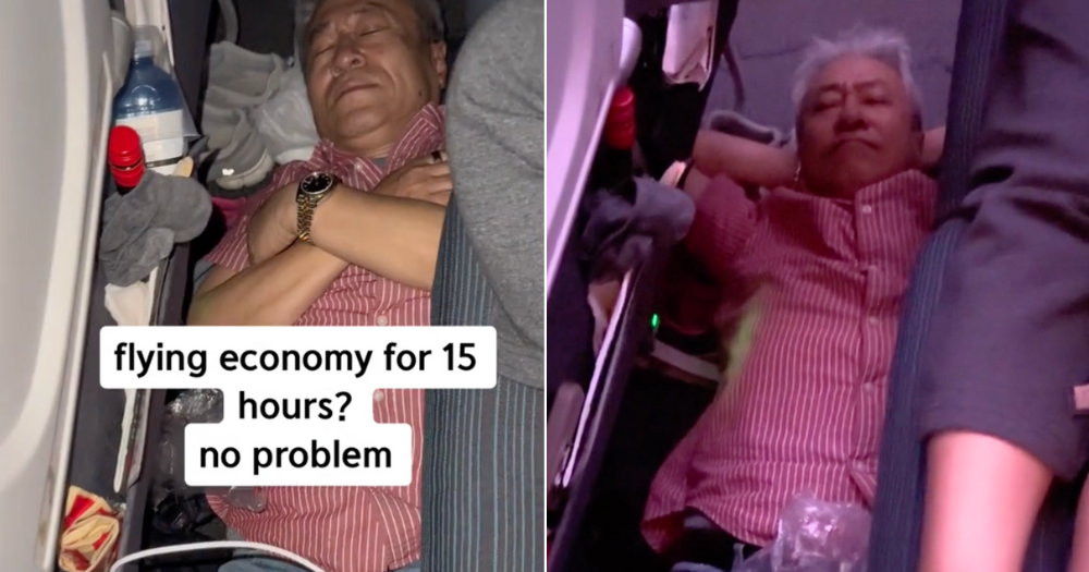 15시간 동안의 이코노미 비행 중 비행기 바닥 좌석 사이에서 잠을 자고 있는 동양인 아버지 – Mothership.SG