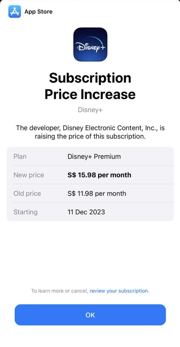 New Disney+ subscription plans cost S12.98 & S15.98 per month, up