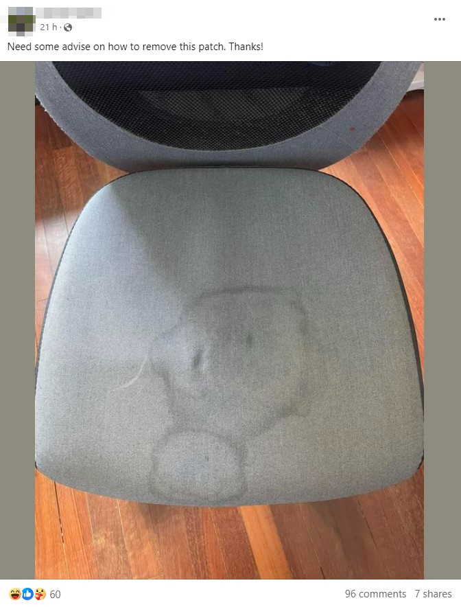 Person in S'pore asks how to get rid of office chair wet stains? Expert