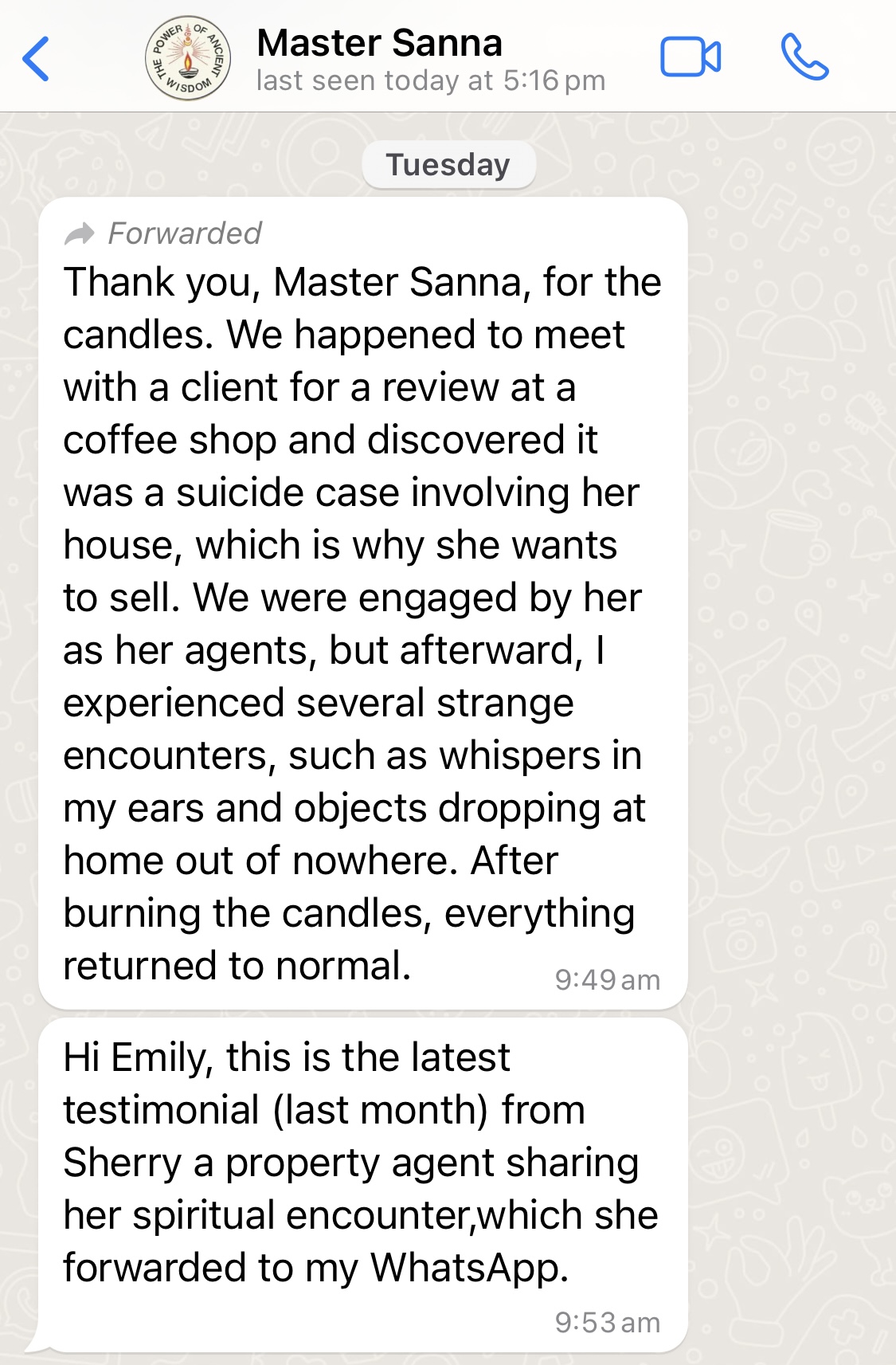 Screnshot of a message from Master Sanna where a client is sharing their paranormal experience.