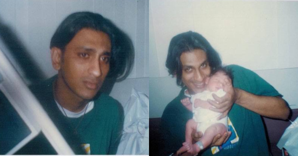 The two images of McNamee's biological father. Both seemingly taken in the same room, in the same green shirt. In one photo he is looking just past the camera looking solemn. In the other, he is smiling holding McNamee as a baby.