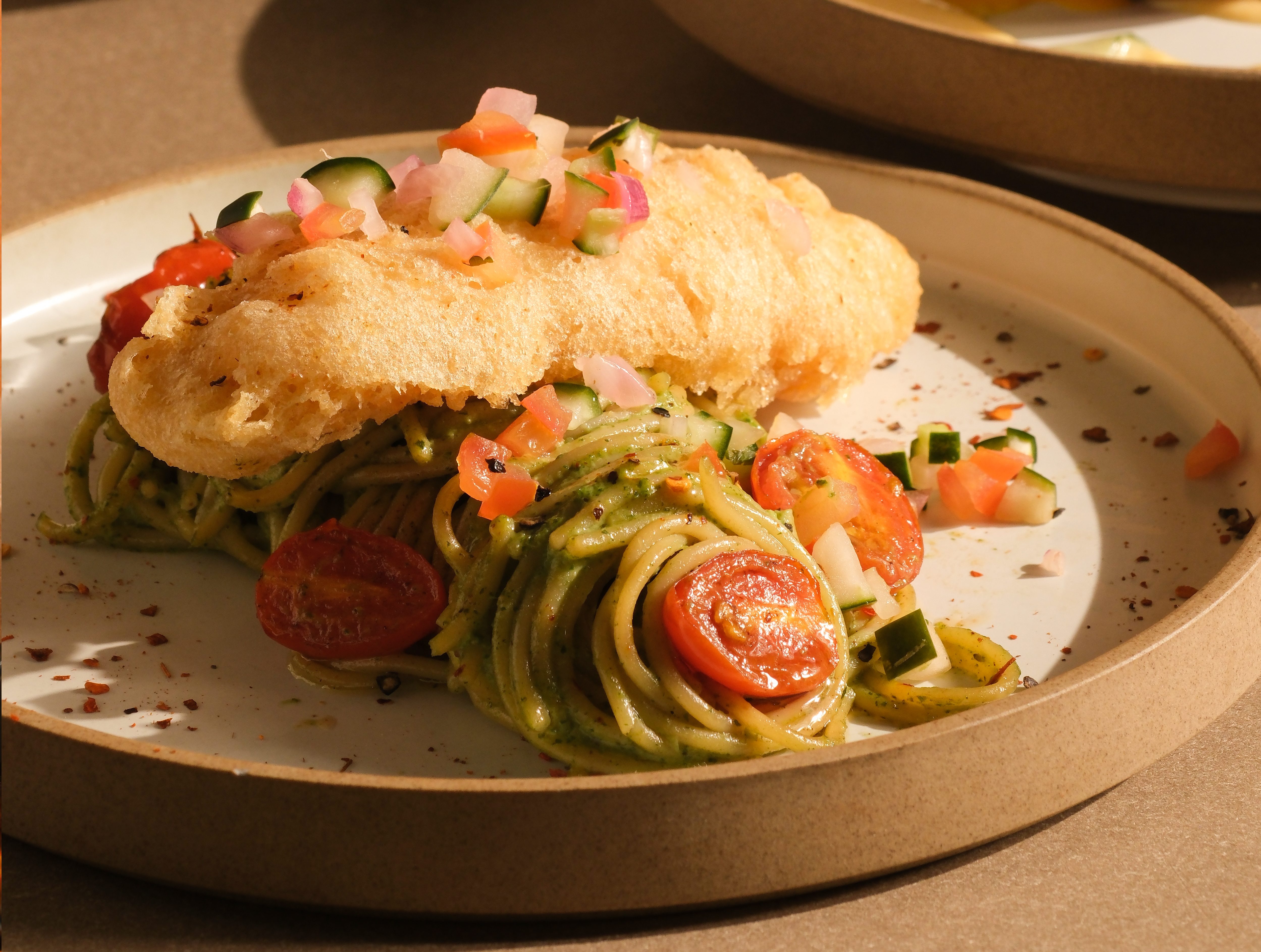 Eden Cafe Creamy Avocado & Buttermilk Fried Cod Fish Pasta