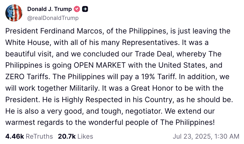 Trump cuts tariff on the Philippines from 20 to 19% due to 'special ...