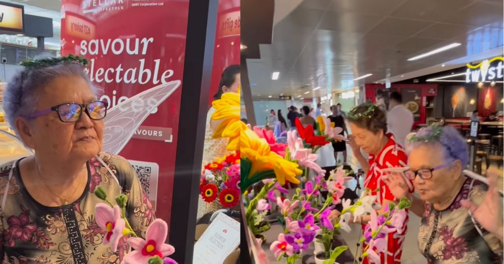 S'porean seniors dressed as butterflies selling handmade flowers at Raffles Xchange pop-up