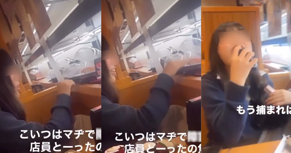 Japan woman casually strokes a lot of sushi on conveyor belt, drinks out of soy sauce bottle
