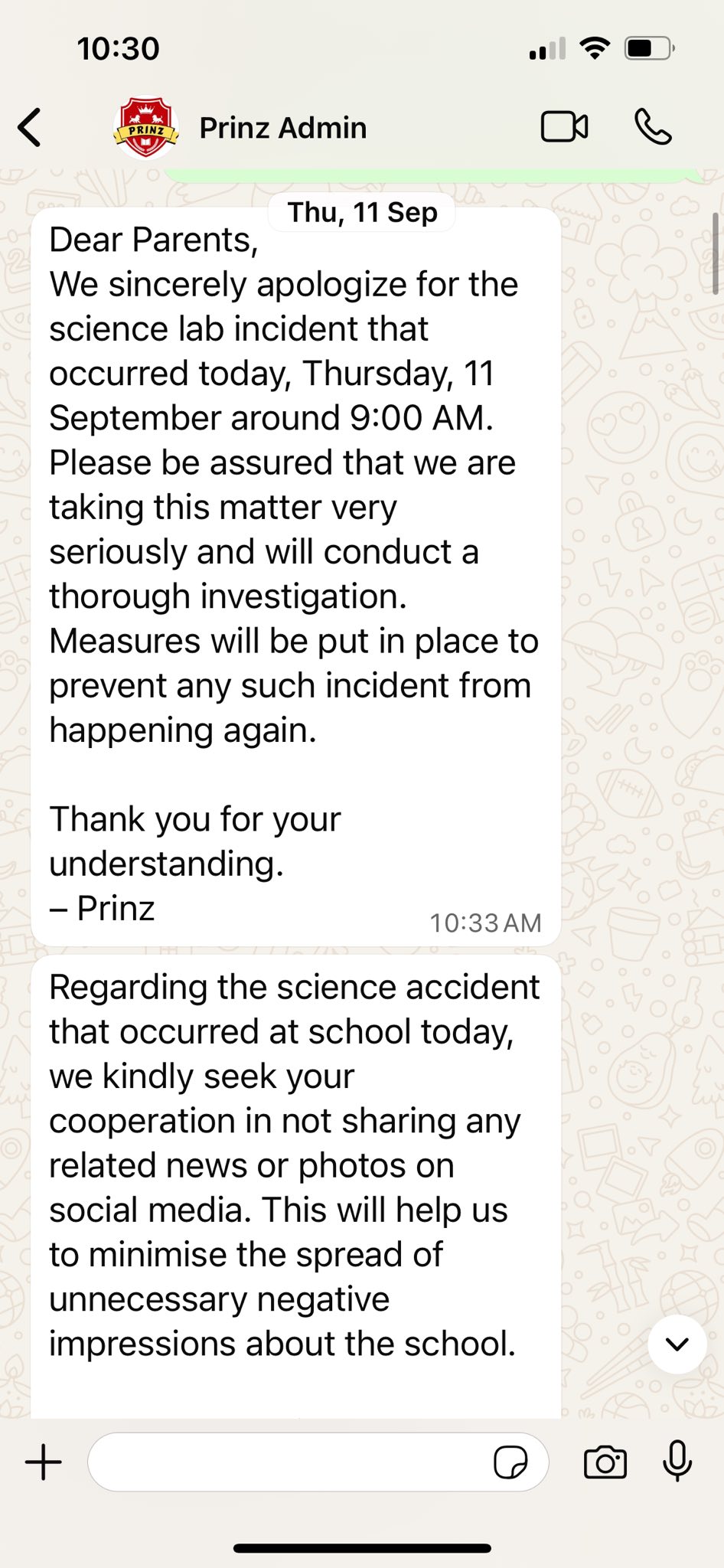 Whatsapp screenshot of correspondence with Prinz International
