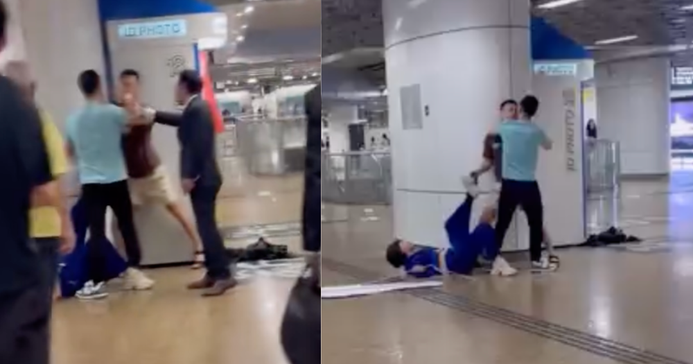 2 men & 1 woman seen in daytime scuffle at Chinatown MRT, shouting about money