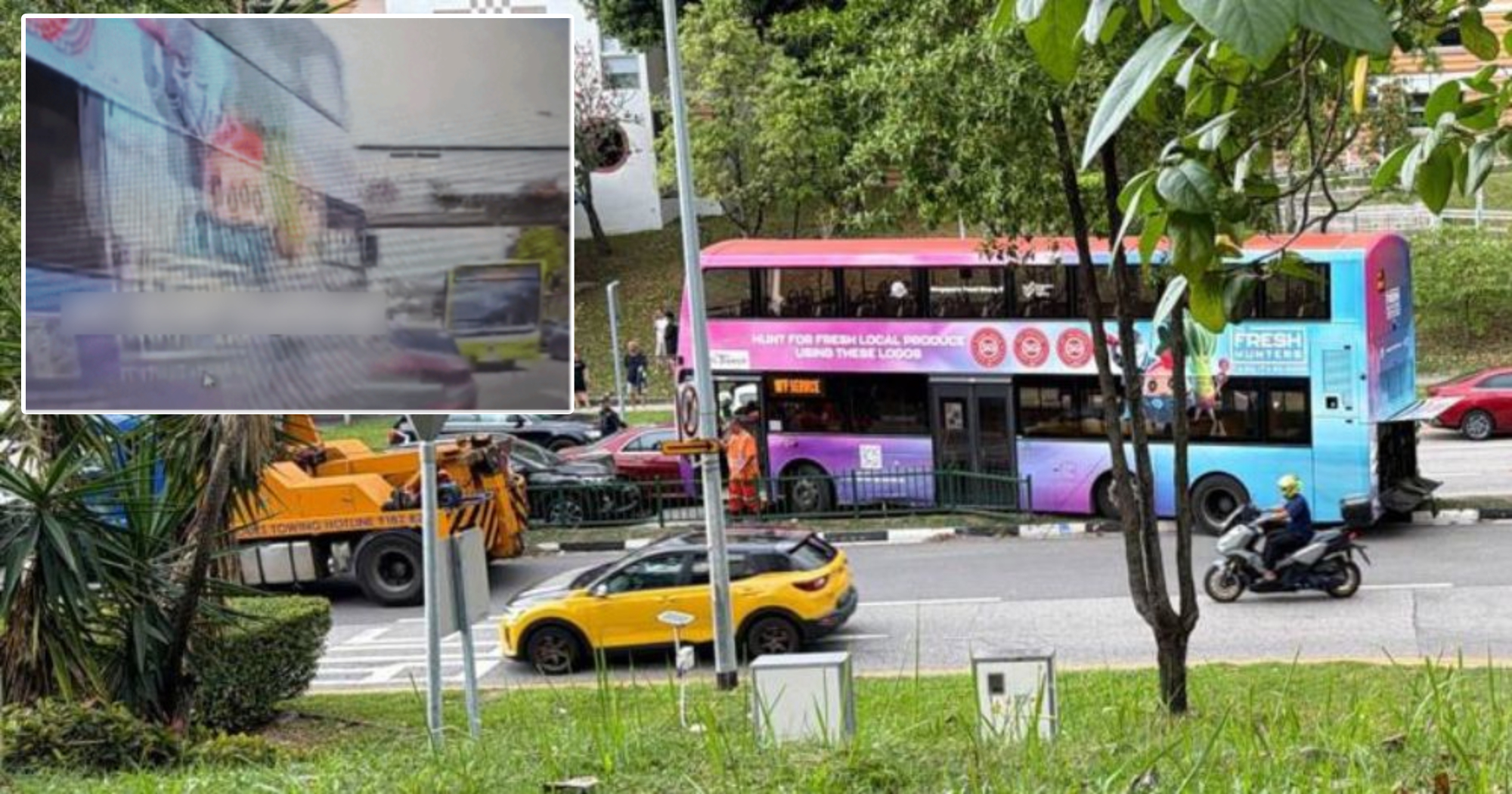 Double-decker bus crashes through road divider into car in Pasir Ris, damages another car & lorry