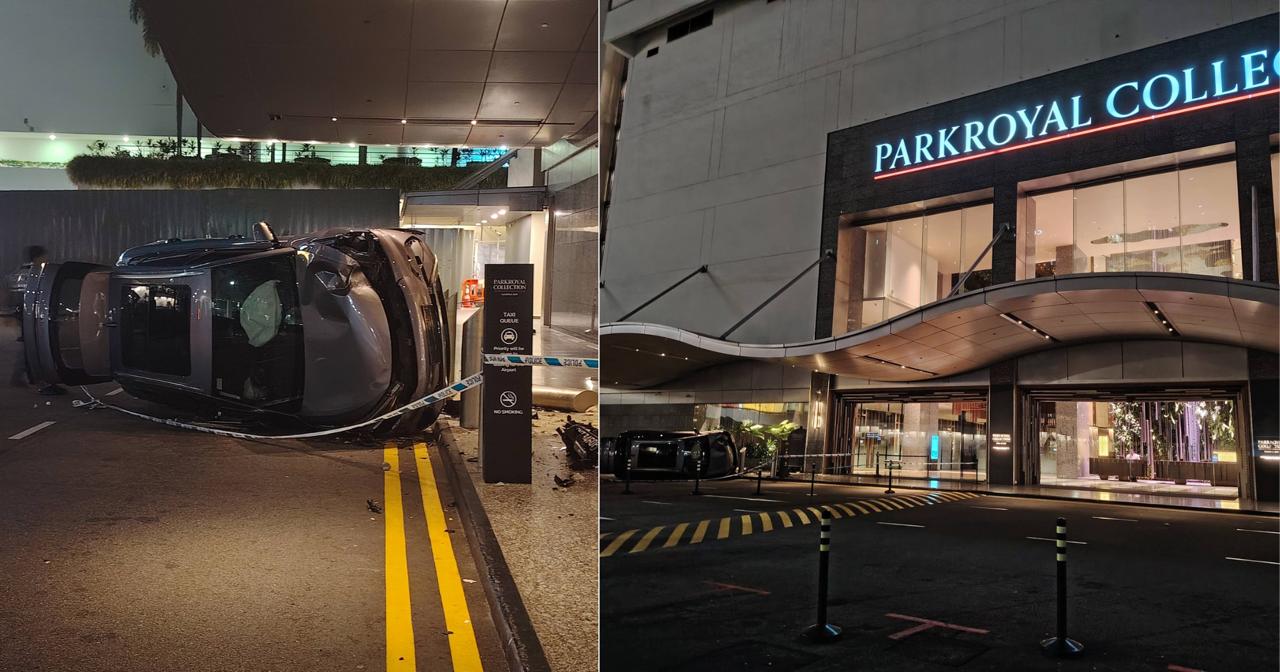 Car flips on its side at Parkroyal Collection Marina Bay hotel lobby: Woman, 29, & 9-month-old daughter sent to hospital
