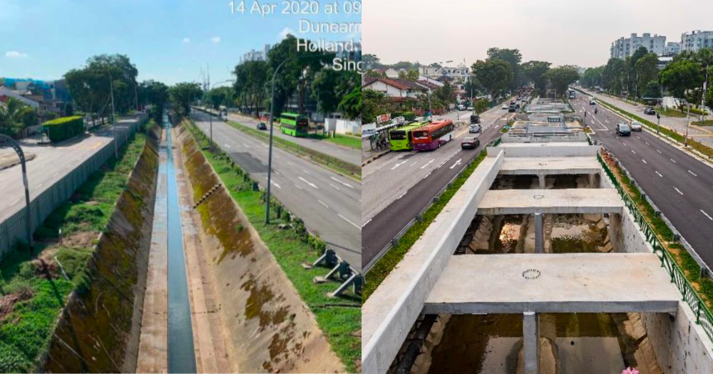 Upper Bukit Timah Canal before (left) and after upgrading works. Photos via PUB.